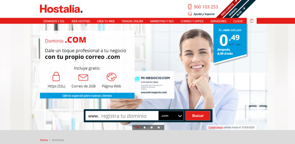 Hostalia, sitio web para comprar dominios y hostings. 